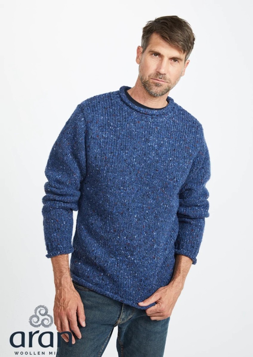 Aran Donegal Wool Crew Neck Sweater Blue - Simpsons of Cornwall