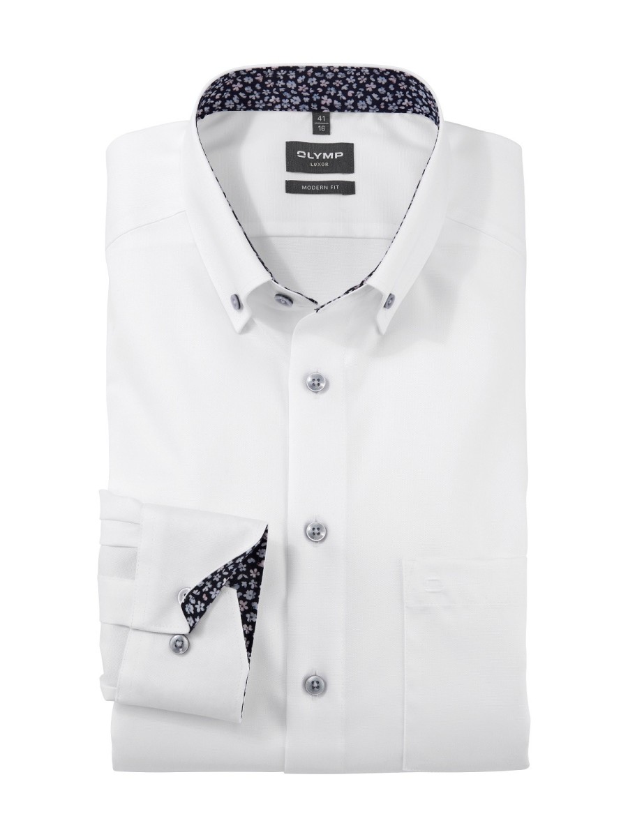 OLYMP Camicia Uomo Luxor Modern Fit Maniche Lunghe - Stampa Rotante Su Tinta Unita, Colletto 05 Under Button Down