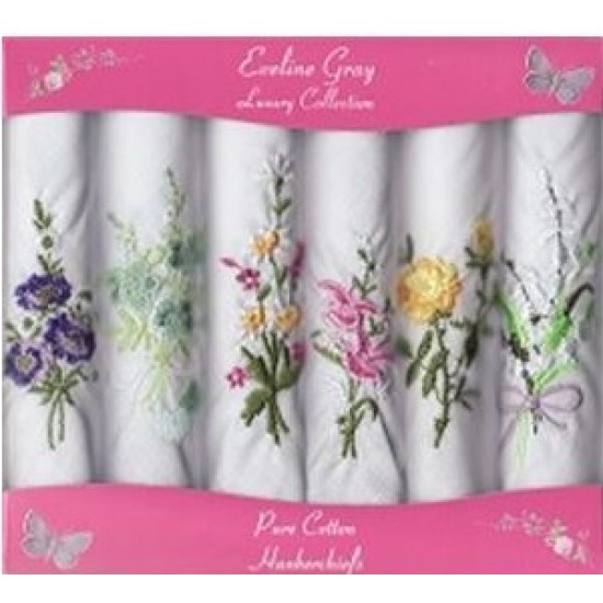 6 Pk Hankies- Floral Embroidered