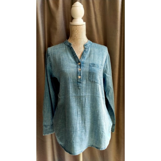  Acid Wash Top Front Button Placket- Blue