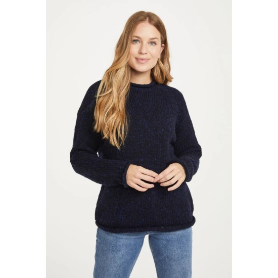 Aran Donegal Wool Crew Neck Sweater- Navy