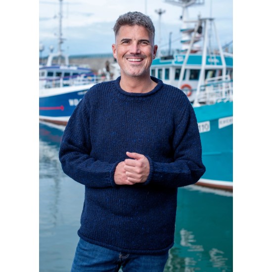 Aran Donegal Wool Crew Neck Sweater Navy