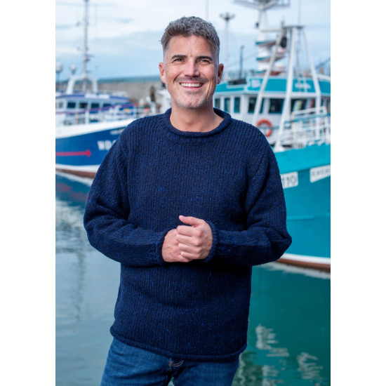 Aran Donegal Wool Crew Neck Sweater Navy
