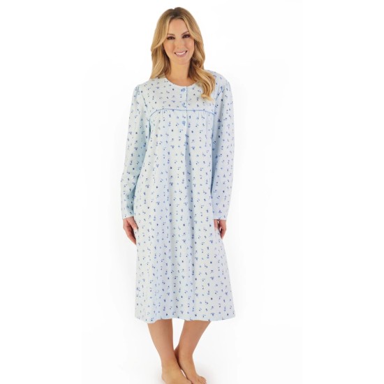 Brushed Cotton Floral Collarless Nightdress -Blue