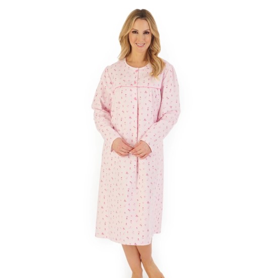 Brushed Cotton Floral Collarless Nightdress -Pink