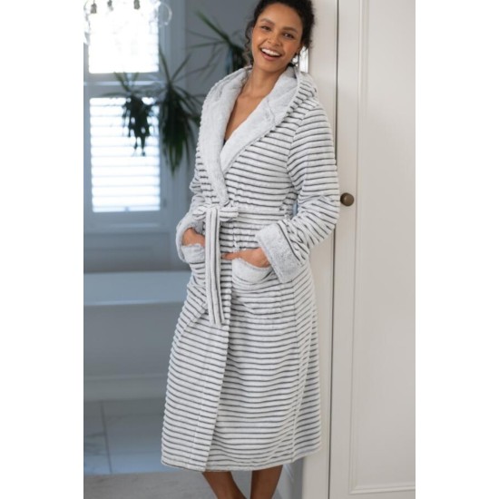 Cosy Ribbed Fleece Midi Hooded Dressing Gown - Grey