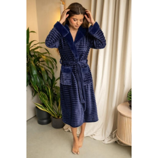 Cosy Ribbed Fleece Midi Hooded Dressing Gown - Navy