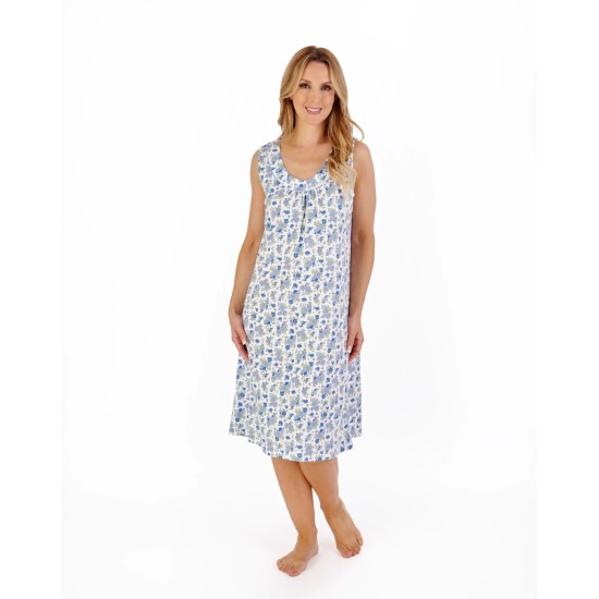 Cotton Sleeveless Floral Nightdress- Blue