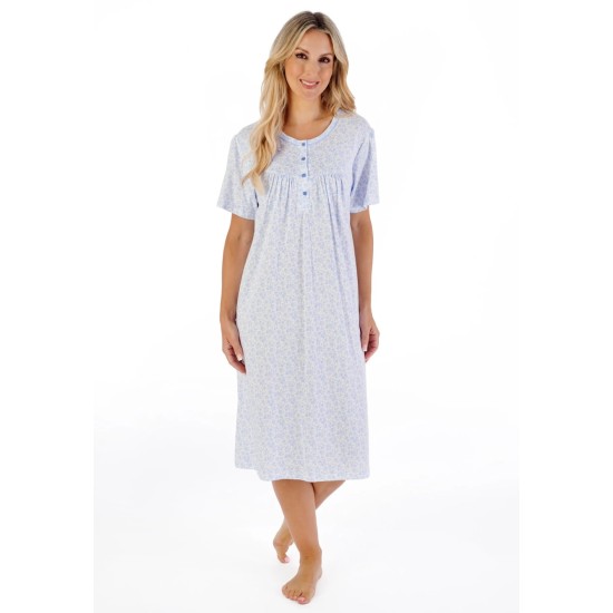 Ditsy S/Sleeve Cotton Nightdress- Blue