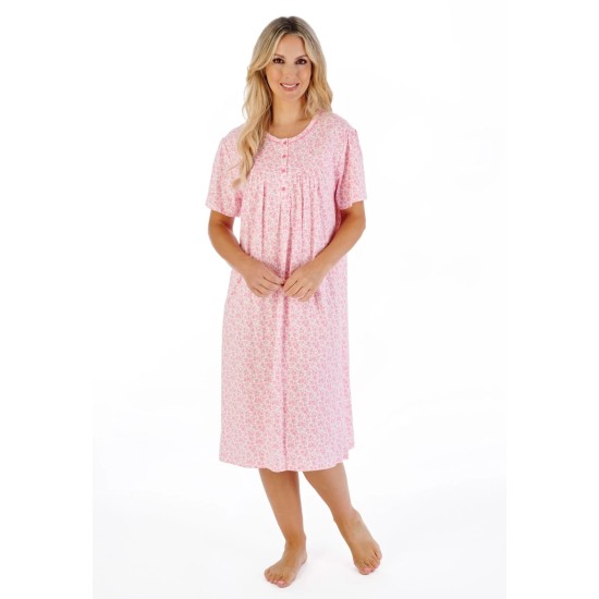 Ditsy S/Sleeve Cotton Nightdress- Pink