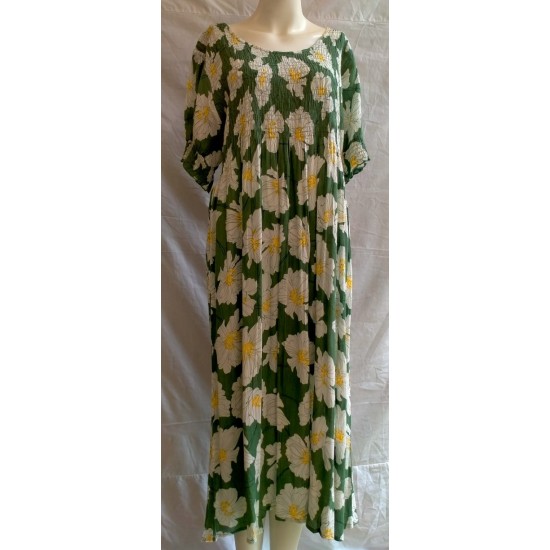 Flower Print R/Neck Crinkle Dress - Green/White