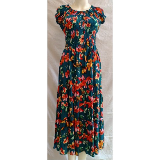 Ruched Waist Printed Dress  - Teal/Red