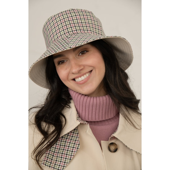 Edie Reversible Hat- Stone/Check