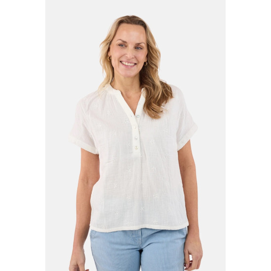 Embroidered Floral S/S Blouse- Off-White