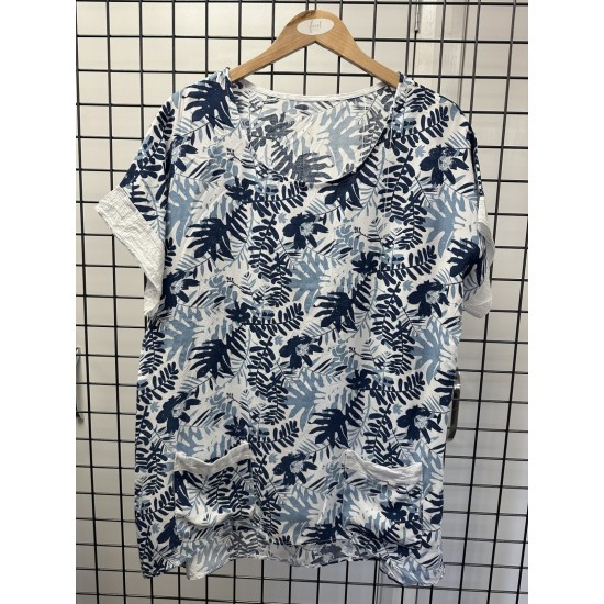 First Ave Cotton Sequin Print Blouse- Alaskan Blue Palm