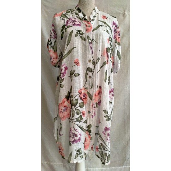 First Ave Linen Collarless Shirt- Coral Multi Floral