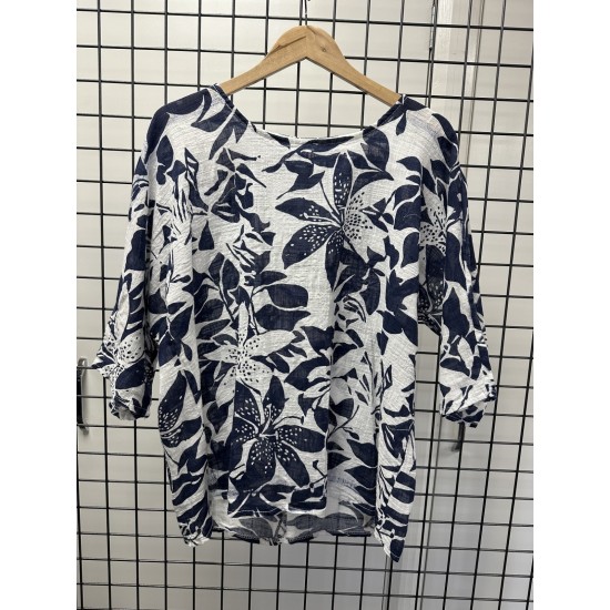 First Ave Linen Roll Sleeve Blouse- Peacoat Navy Tropic
