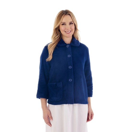  Fleece Button Bedjacket- Navy