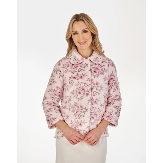  Floral Fleece Button Bed Jacket- Pink