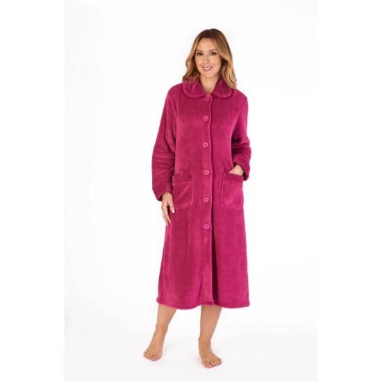 Fleece Button Dressing Gown -Raspberry