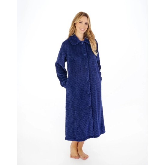  Fleece Button Dressing Gown- Navy