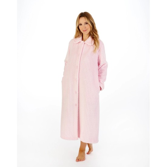 Fleece Button Dressing Gown Pink Simpsons of Cornwall