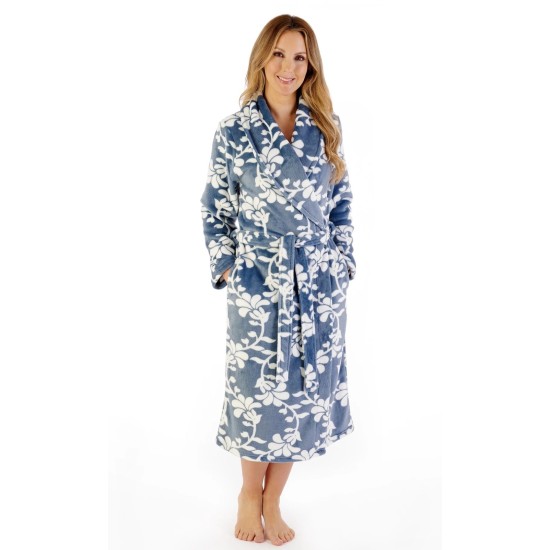  Floral Fleece Wrap Dressing Gown- Grey/White