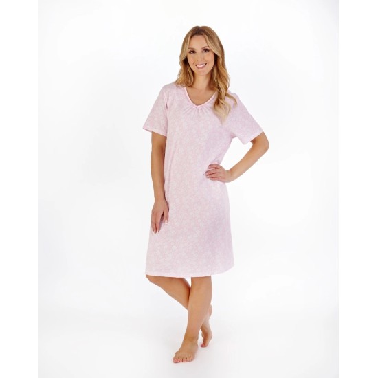 Floral V/N Cotton S/S Nightdress- Pink