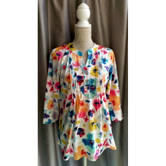 Flower Print Burn Out Top- White Multi