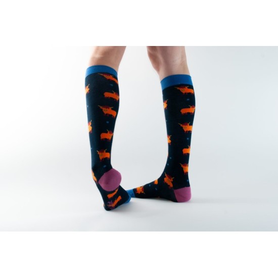 Knee-High Bamboo Socks Navy Highland Cows