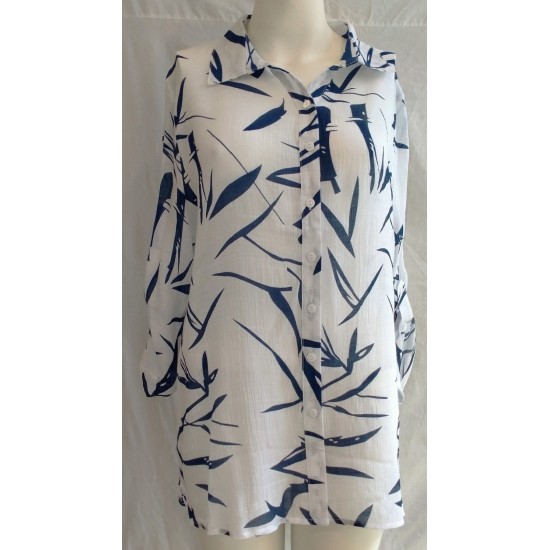 Leaf Print Blouse- White/Navy