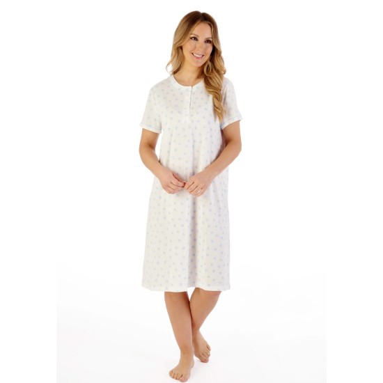 Leaf Print S/Sleeve Cotton Nightdress- Blue