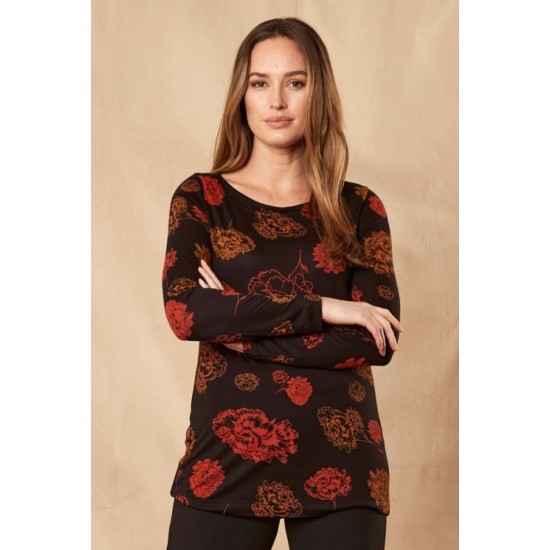 Long Sleeve Printed Top- Black