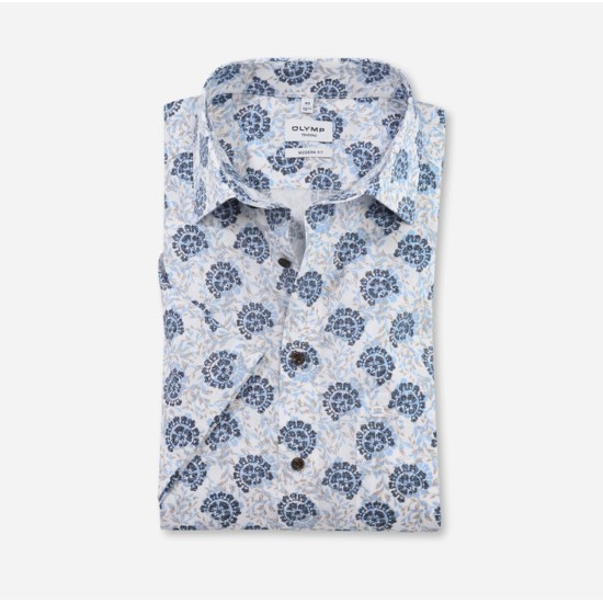 Olymp Casual S/S- White Blue/Stone Print