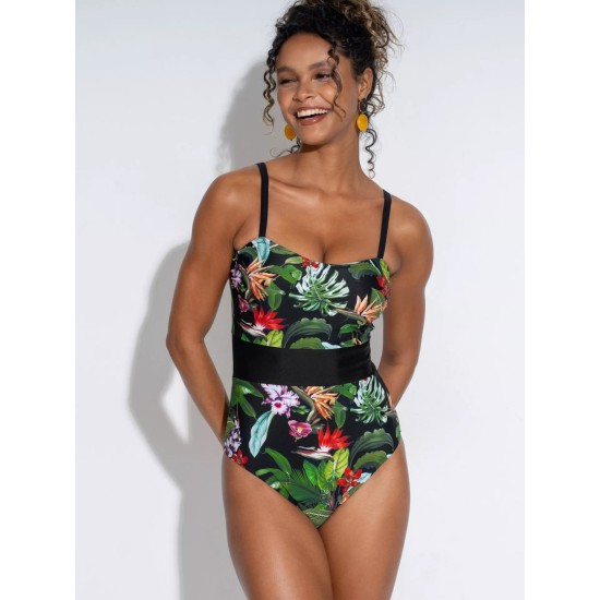 Palermo Panelled Control Swimsuit- Black Tropical