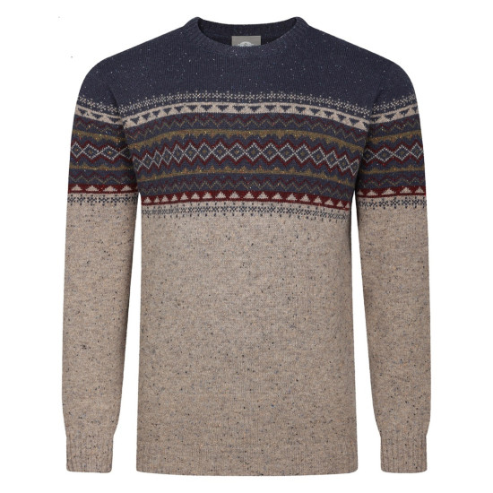 Peter Gribby Fairisle Yoke Crew Neck Sweater Navy/Taupe