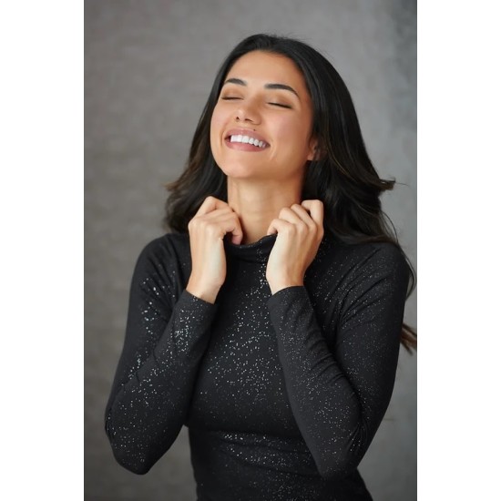 Second Skin Thermal Roll Neck- Glitter Black