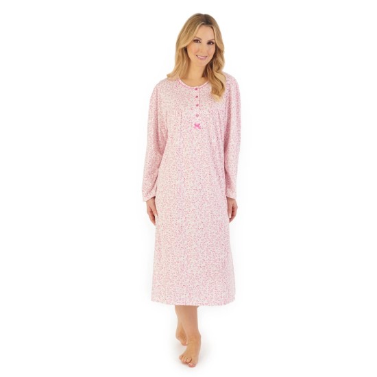 Sprig Print L/S Cotton Nightdress -Pink