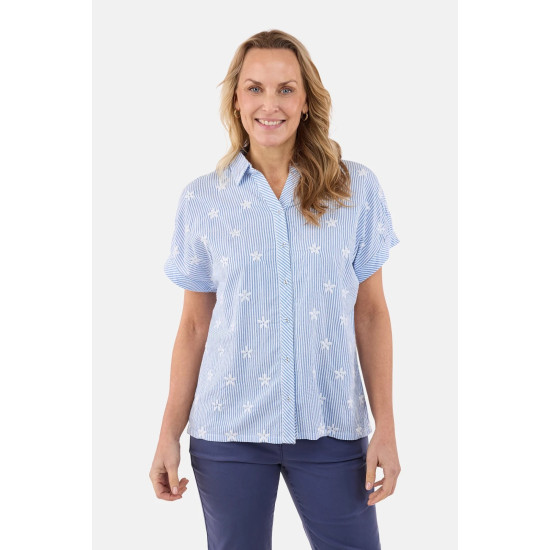Stripe & Embroidered Floral Blouse- Sky Blue