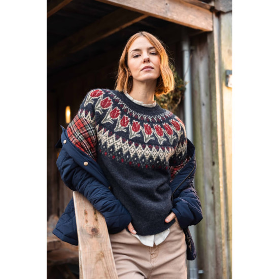 Tulips Floral Fair Isle Jumper- Navy