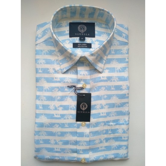 Viyella Check S/s Shirts- Blue/White stripe Palms