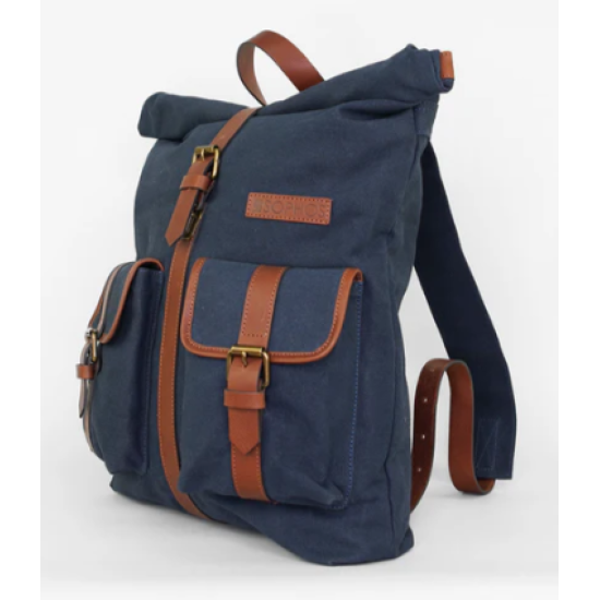 Waxed Canvas Roll Top Rucksack- Navy