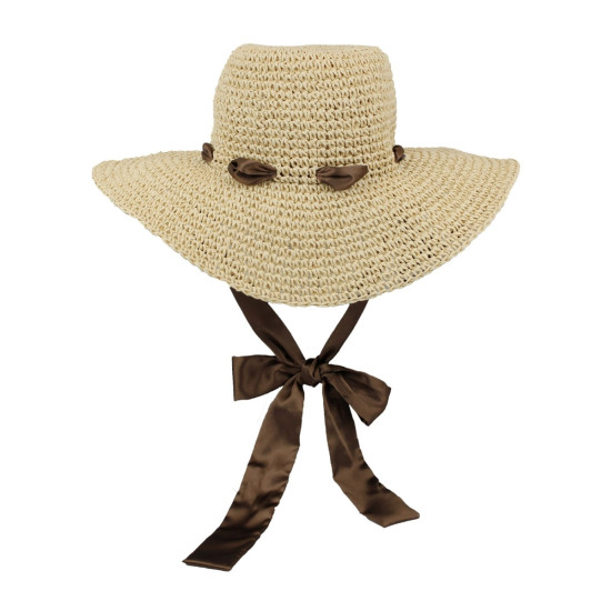 Wide Brim Crochet Hat with Ribbon Ties