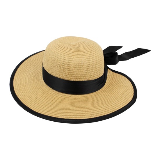 Wide Brim Straw Hat with Ribbon Tie & Edge